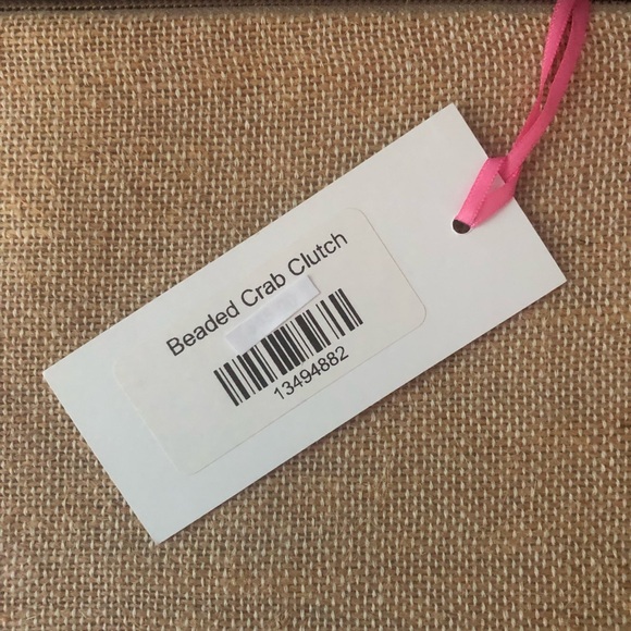 Beaded 2-tone pink crab on tan-colored linen-like fabric clutch bag by Spartina - Picture 10 of 11